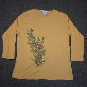 Morning Sun Orioles 3/4 Sleeve Shirt Womens Large Top Yellow Floral Birds Nature